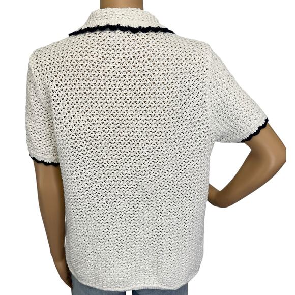 J. Crew Short Sleeve Crochet Cardigan Sweater Ivory Navy CJ215 Size M - Picture 6 of 13